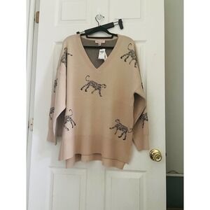 Philosophy Woman Leopard Print V Neck Long Sleeve Tan Sweater Top Plus Size 2X